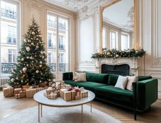 Canvas Print - A beautifully decorated living room features a dark green sofa and a round table, creating a warm atmosphere for Christmas celebrations.