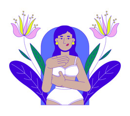 Poster - Primary prevention of breast cancer 2D illustration concept. Early detection. Indian woman in bra examining herself cartoon character isolated on white. Metaphor abstract flat vector graphic