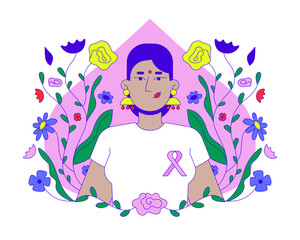 Poster - Hindu woman promoting breast cancer awareness 2D illustration concept. Mammogram campaign. Indian bindi female wearing pink ribbon cartoon character isolated on white. Metaphor abstract flat vector