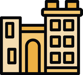 Poster - Minimalistic vector icon illustrating a building with an archway, suitable for various design projects