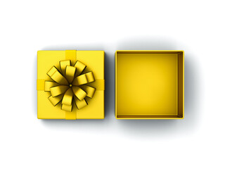Poster - Top view of whole gold present box product display mockup showcase tied with golden ribbon bow or blank gold gift box open isolated on white background with shadow minimal conceptual 3D rendering