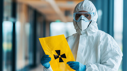 Skilled technician in protective gear holding radiation warning sign, showcasing safety measures in controlled environment. focus is on health and safety protocols