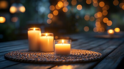 A cozy candlelit dinner setup on a rustic wooden table, featuring glowing candles, woven placemats, and a softly blurred bokeh background. The flickering light creates a warm and welcoming ambiance,