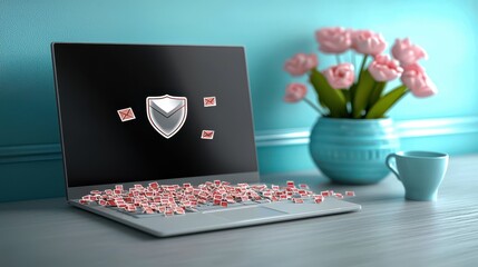 Poster - Laptop with security shield surrounded by emails on a desk with flowers and cup against a blue wall.