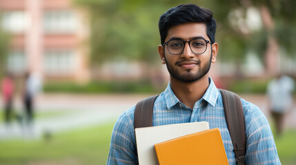 confident young man stands outdoors, holding books and wearing glasses, embodying spirit of education and ambition. His casual attire and friendly smile reflect positive attitude towards learning.