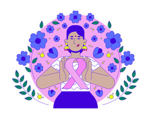 Poster - Indian feminist movement of pink ribbon 2D illustration concept. Breast cancer solidarity. Hindu bindi woman femininity cartoon character isolated on white. Metaphor abstract flat vector graphic