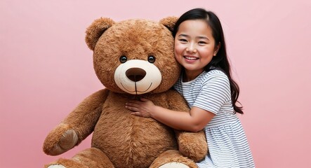 Asian girl hugging a large teddy bear happy expression casual dress plain light pink background overweight kid