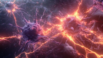 abstract 3d rendering of two neurons connected by glowing synapses.