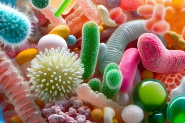 A close-up of microorganisms under the microscope, showing various types and sizes of bacteria. The image is colorful