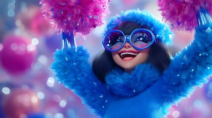 Wall Mural - Cheerful Cartoon Woman in Blue Fur with Pom Poms and Sunglasses.