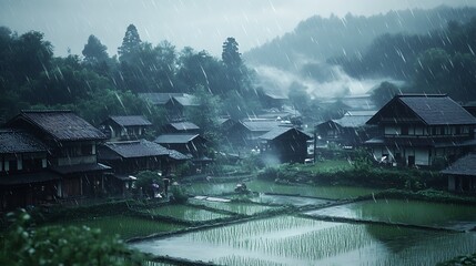 Wall Mural - Rainy Day in a Japanese Village.