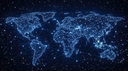 Poster - a detailed representation of a world map showing glowing connections among people icons globally, de