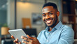 © Sergey - Black man, happy portrait and tablet for business email, communication and networking in office. African financial advisor, face smile and tech for investment research, news app and risk analysis is