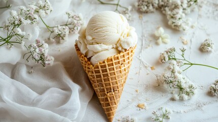 Classic vanilla frozen yogurt in a waffle cone, with creamy swirls and a soft focus