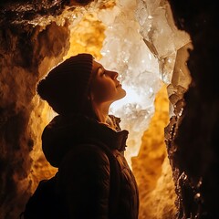 woman in a cave admire giant crystals.