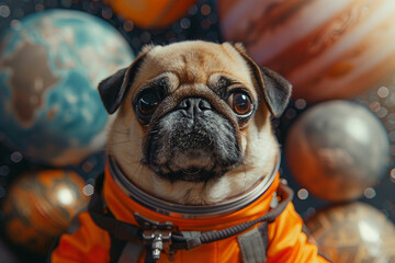 Close-up of animal dog mops astronaut in space, modern spacesuit reflecting Earth and technology, Generative AI