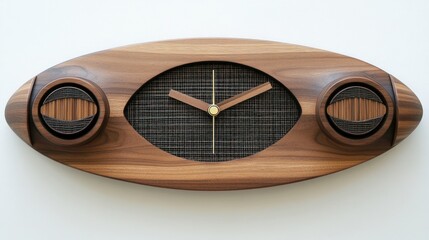 Sticker - A wooden wall clock with an oval design and dual cylindrical elements.