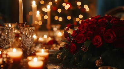 An elegant Christmas dinner table set with glowing candles, crystal glassware, and a centerpiece of red roses and evergreen, surrounded by a blurred background of sparkling holiday decorations.