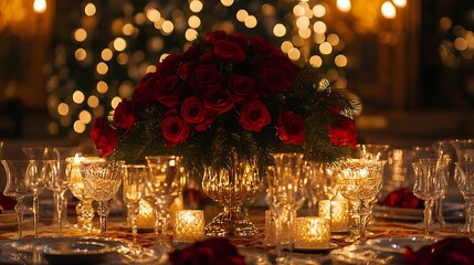 An elegant Christmas dinner table set with glowing candles, crystal glassware, and a centerpiece of red roses and evergreen, surrounded by a blurred background of sparkling holiday decorations.