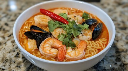 Hot and spicy seafood ramen in a bowl, garnished with fresh chili and herbs for extra flavor.