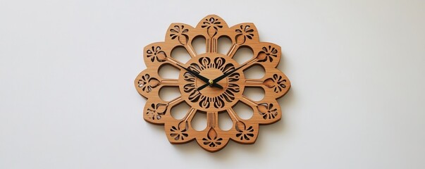 Poster - A decorative wooden wall clock with intricate floral design and black clock hands.