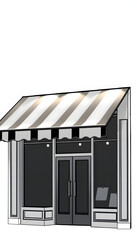 A black and white striped awning over a storefront isolated with white highlights, png