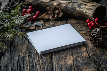 A white card sits on a wooden table with red berries and pine cones. The card is empty, but it could be a blank card for someone to write a message on. Concept of simplicity and natural beauty