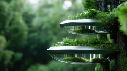 Two futuristic tree pods are seamlessly integrated with the natural environment, featuring greenery on top, merging technology with nature harmoniously.