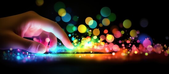 Poster - Colorful light manipulation, hand touching vibrant particles, magical atmosphere