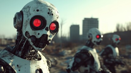 A closeup of a robot with red eyes stares directly at the viewer, while two other robots are visible in the background amidst a desolate urban landscape.