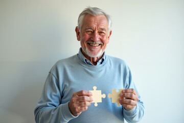 an elderly man with white hair and beard, wearing a light blue sweater holding two puzzle pieces