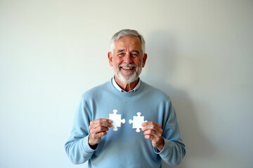 an elderly man with white hair and beard, wearing a light blue sweater holding two puzzle pieces