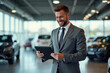 © Flash - bearded man smiling in a gray suit holding a tablet in a modern car showroom with bright lighting parked cars in the background