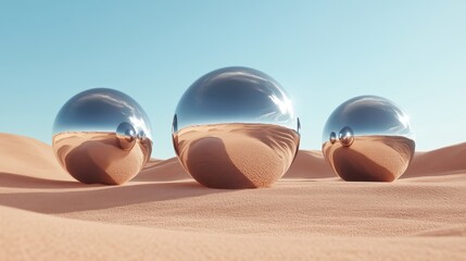 Three silver reflective spheres rest on undulating desert sands under a clear blue sky, capturing the serene and surreal essence of nature and technology blending together.