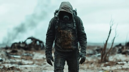 a solitary figure in a gas mask navigates a barren, apocalyptic wasteland, representing themes of su