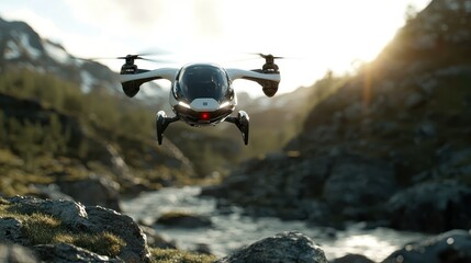 A modern drone hovering gracefully above a rocky stream in a mountainous setting, capturing the serene beauty of nature at dawn with advanced technology.