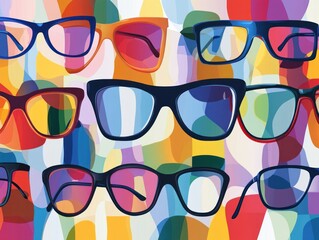 Poster - A colorful arrangement of various eyeglasses against a vibrant, abstract background.