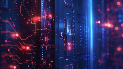 Poster - Futuristic server room door opening to reveal advanced 5g technology and vibrant lights, symbolizing innovation in data centers