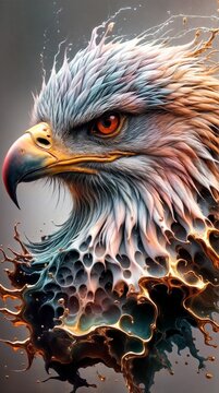 3D alcohol ink artwork of a mysterious majestic eagle head with piercing red eyes,side profile.