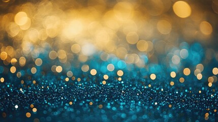 Poster - Abstract background featuring gold and turquoise blue glitter lights Blurred circular bokeh creates a festive atmosphere suitable for celebrations and events with ample space for text