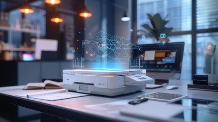 Poster - Futuristic 3d printer is generating a holographic projection of a building model, showcasing advanced technology in a contemporary office environment