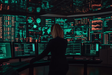 Wall Mural - a female it professional with their back to the viewer observing the large amount of computer monito