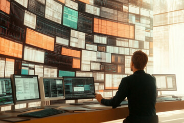 Wall Mural - a male it professional with their back to the viewer observing the large amount of computer monitors