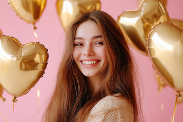 Happy and beautiful smiling young woman with heart shaped golden balloons all around. Love, fun and joy concept, party, romantic dating and Saint Valentine's day theme. Helium hearts background