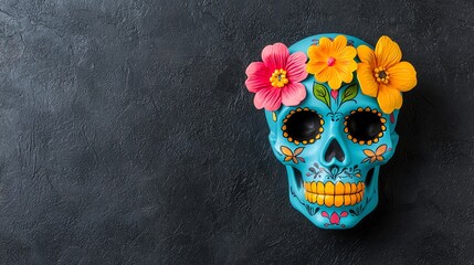 A vibrant blue sugar skull adorned with colorful flowers, symbolizing Día de los Muertos, rests on a dark surface, celebrating life and death.