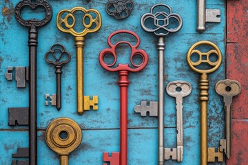 Poster - A collection of decorative keys in various colors and designs on a textured surface.