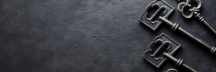 Poster - A collection of vintage keys resting on a dark stone surface.