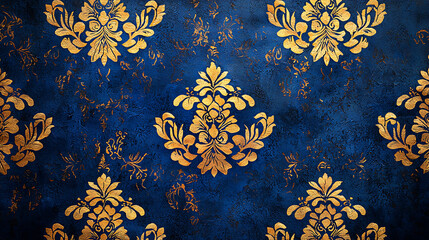 Elegant blue and gold damask pattern creates luxurious atmosphere, perfect for interior design or wallpaper. intricate details enhance any space with sophistication