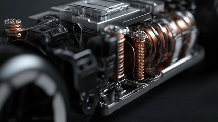 A detailed close-up of a modern car engine component, showcasing intricate metallic parts and a sleek design on a dark background.