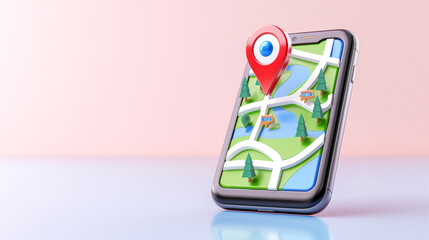  - smartphone with map displaying location pin for navigation and travel